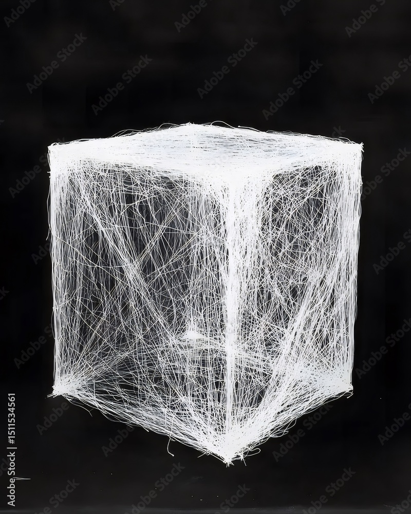 Poster 黒背景に浮かぶ白い線で描かれた立体キューブ シンプルな幾何学模様が特徴的 抽象的なデザインとモダンな印象が特徴