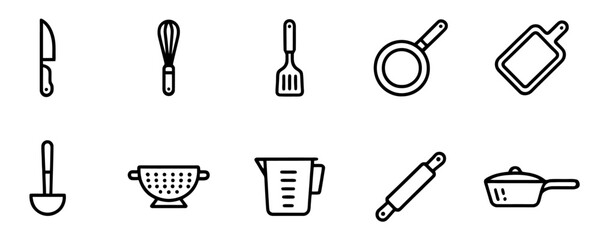 Kitchen Utensils Line Icon Set for Cooking and Baking
