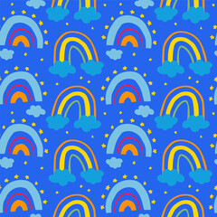 Cute childish style seamless pattern with rainbow on blue background