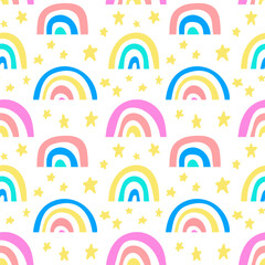 Cute doodle style seamless pattern with rainbows and stars