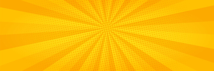 Bright yellow pop art background. Comic style sun burst with halftone dots
