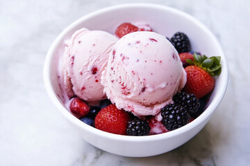 Delicious strawberry ice cream with mixed berries in bowl Generative AI