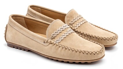 Naklejka premium Beige Suede Moccasins Braided Detail, Close-Up Product Shot, Casual Footwear, Moccasin Shoes Casual Shoes, Suede Shoes