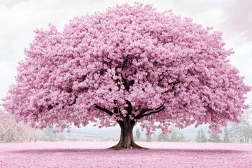 A large, vibrant pink cherry blossom tree stands majestically in a field of pink blossoms under a soft, cloudy sky