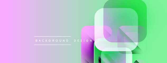 Abstract geometric shapes overlap. Gradient colors blend from purple to green. Minimalist design with text elements present. Modern aesthetic.