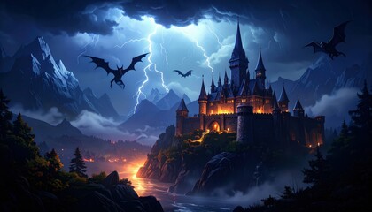 Dark Stormy Night at Remote Castle with Lightning and Bats