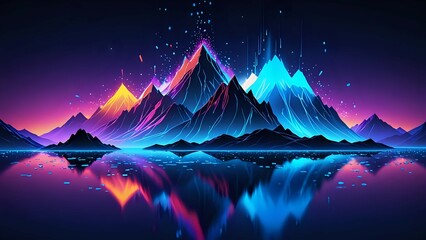 tent in the mountains, abstract background with glowing lines, glowing neon frame, abstract blue wave, abstract red background