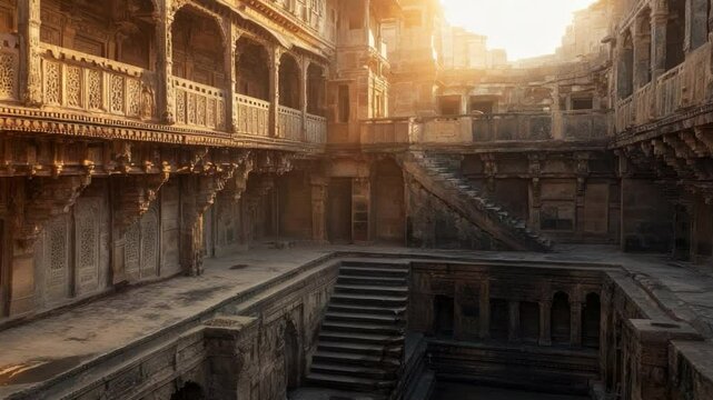 Ancient Indian Architecture in a Sunlit Stepwell, Showcasing Intricate Carvings and Historical Significance in a Desert Landscape 4k video footage