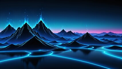 tent in the mountains, abstract background with glowing lines, glowing neon frame, abstract blue wave, abstract red background