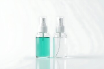Two spray bottles, one with green liquid, isolated on white background