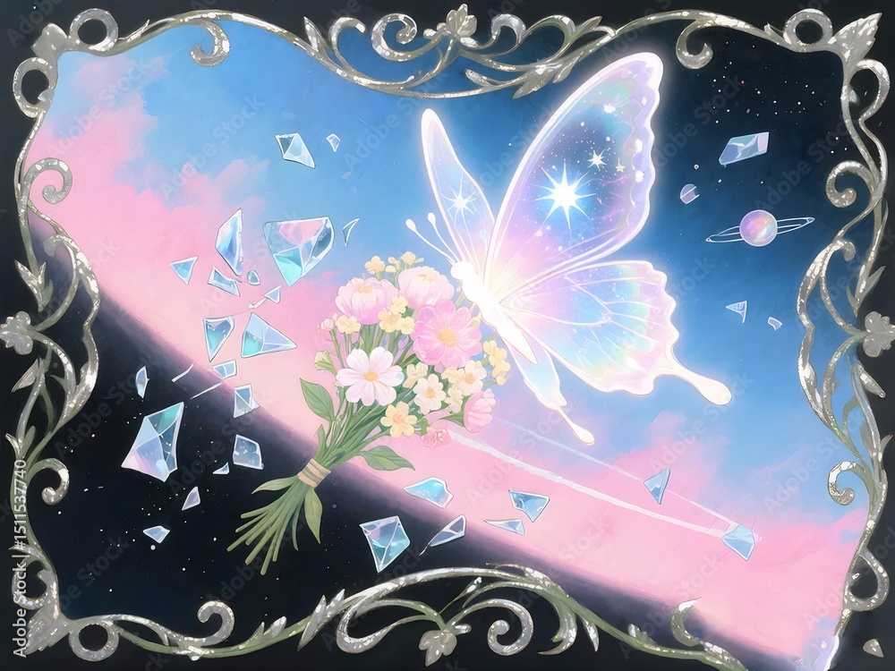 Aufkleber 幻想的な輝きの蝶と花束のイラスト 背景にピンクと青の空 輝く光と透明感のあるデザイン