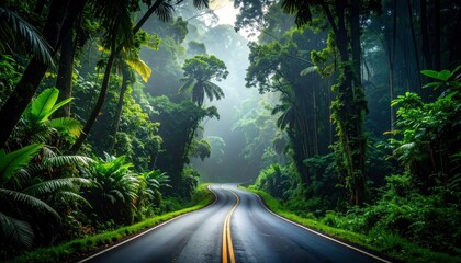 Fototapeta premium Winding Road Leading into Dense Jungle with Thick Humid Air