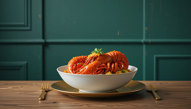 A plate of cooked lobster with gold cutery and gold plate in a restaurant.