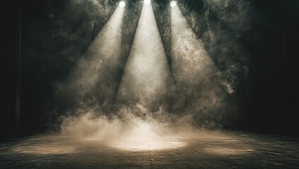 Stage lit by three spotlights, smoky ambiance