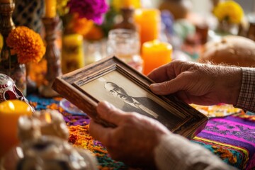 Hands placing grandfather’s photo on Día de los Muertos altar