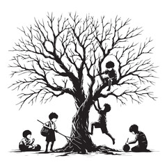 Children playing under a dry tree illustration vector