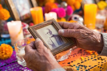Hands placing grandfather’s photo on Día de los Muertos altar