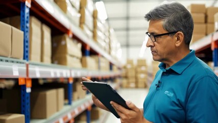 Middle-aged warehouse worker in blue uniform uses digital tablet while standing among tall storage shelves managing inventory and logistics in modern distribution center environment - Powered by Adobe