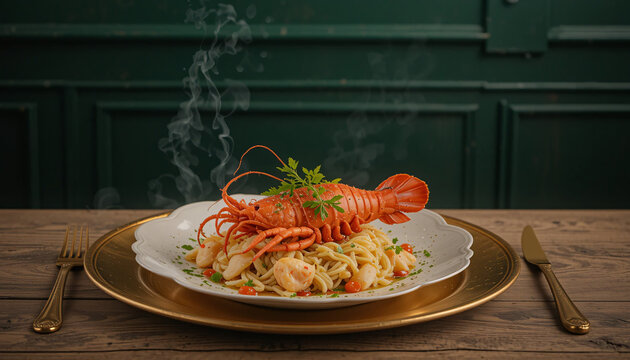A plate of spaghetti lobster with gold cutery and gold plate in a restaurant.