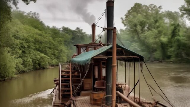 Vintage riverboat steamboat with paddle wheels cruising along a calm river surrounded by lush green trees, under a grey sky