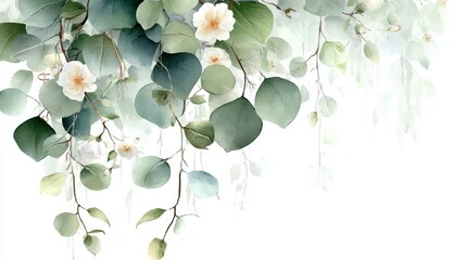 Eucalyptus and white flowers hanging on white background