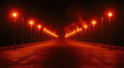 Empty road at night, orange lights, mist