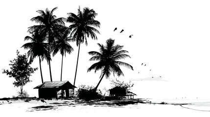 Tropical beach illustration simple silhouette vector isolated on white background  -  
