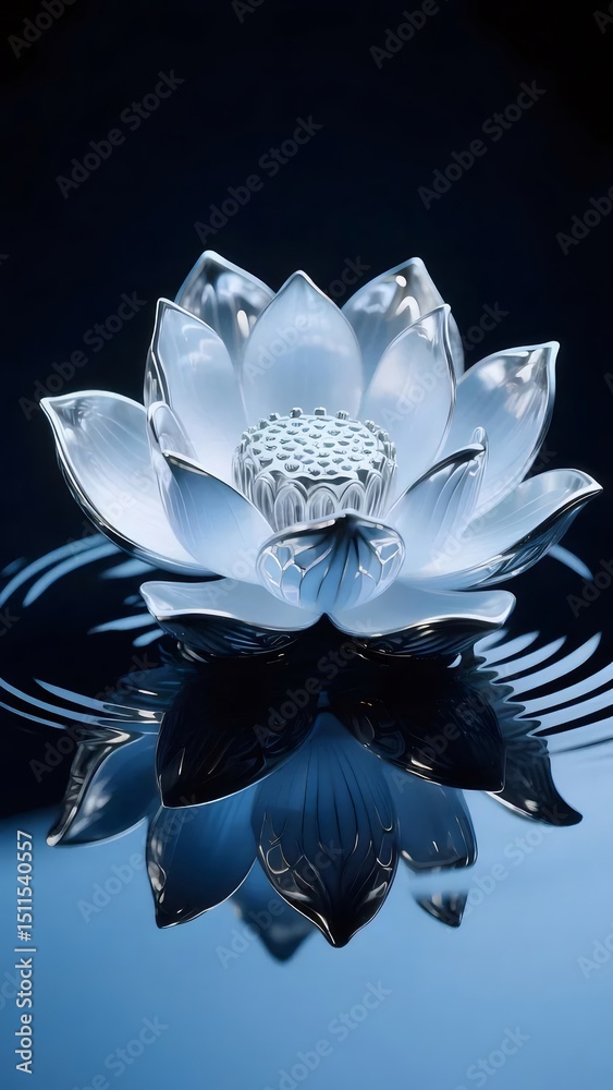 Aufkleber 水面に浮かぶ青色の蓮の花のクローズアップ 美しい花びらの反射と暗い背景