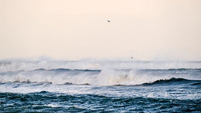 Big waves crashing on shore during storm with birds flying overhead