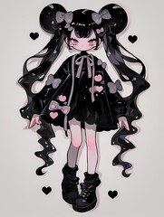Stylized anime character in black dress with heart adornments, twin tails, boots, plain background