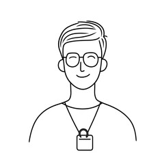 Fototapeta premium Young man wearing glasses with ID badge in a minimal line drawing style 