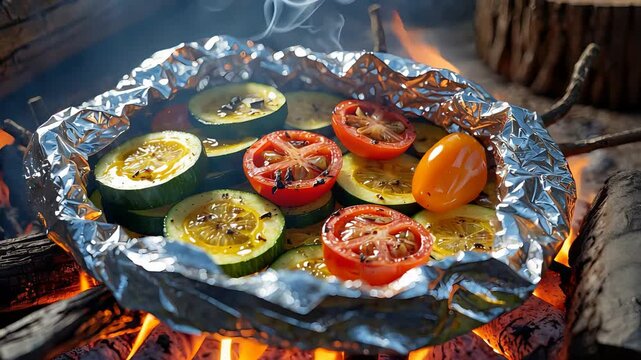 Sliced vegetables including zucchini, tomatoes, and pepper grilling on foil over open campfire flames with smoke and charred wood

