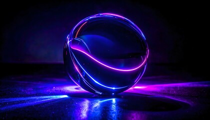 Futuristic Neon-Lit Glass Sphere Displayed on a Glossy Reflective Surface