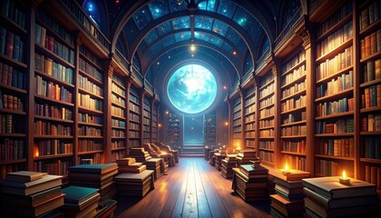 Enchanted Library with Books that Change Stories Under Moonlight