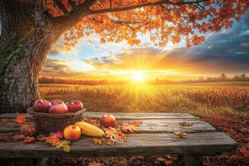 Autumn harvest scene with fruits and vegetables on a rustic wooden table beneath a tree with colorful foliage at sunset over a field