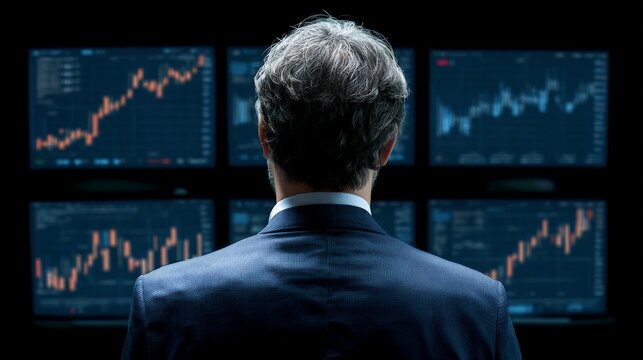 Businessman analyzing multiple financial charts on digital screens in a trading environment