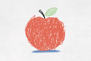 Illustration of a hand-drawn apple with a leaf on a white background