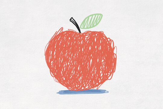 Illustration of a hand-drawn apple with a leaf on a white background