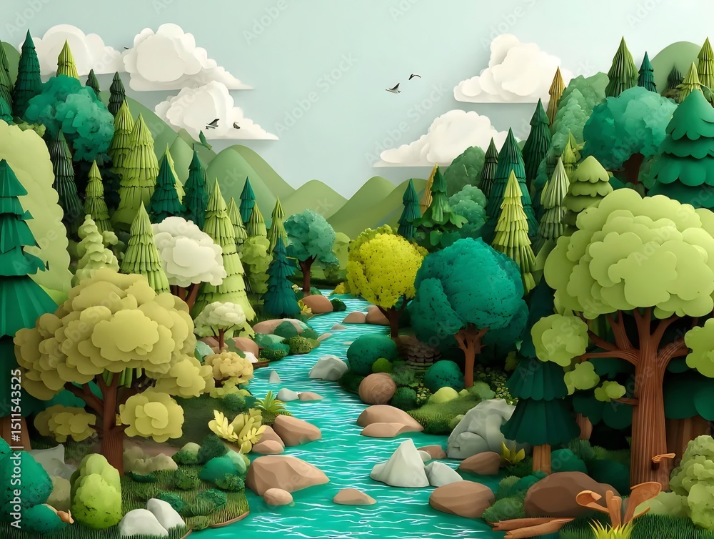 Aufkleber 鮮やかな緑豊かな森の中の川の風景 3dレンダリング 昼間の明るい光 自然と調和した水と木々