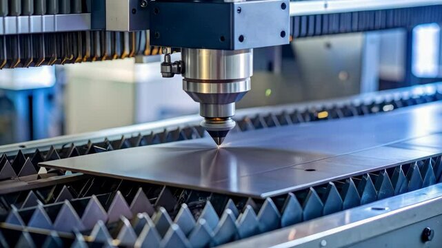 Automated industrial laser cutting machine precisely cutting a metal sheet with bright sparks and programmable technology in a factory setting