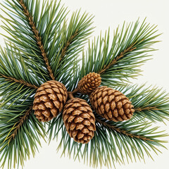 Fototapeta premium Pine branch with three mature cones isolated on white