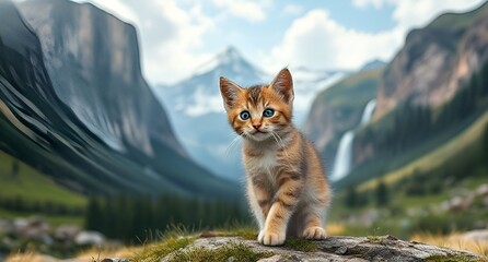 Fototapeta premium Blueeyed kitten perched on a rock with a majestic mountain landscape backdrop