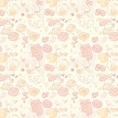 淡い色合いの手描きイラストレーション：愛らしい動物たちの楽園