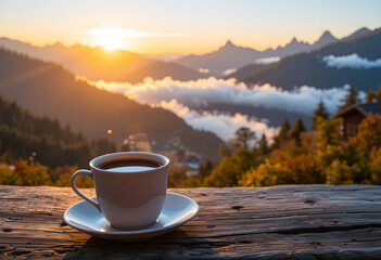Cup of coffee tea on wooden table with beautiful mountain view at sunrise, vacation peaceful and relaxing atmosphere, Serene Mountain Sunrise Coffee Break.