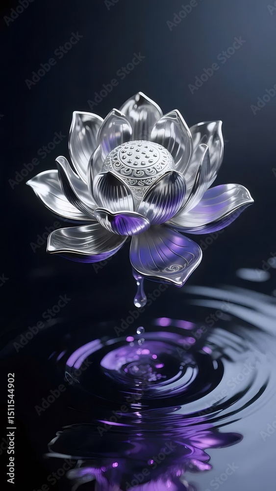 Aufkleber 銀色の蓮の花が紫色の水面に落ちる雫を表現したエレガントな3dアート 深い黒の背景