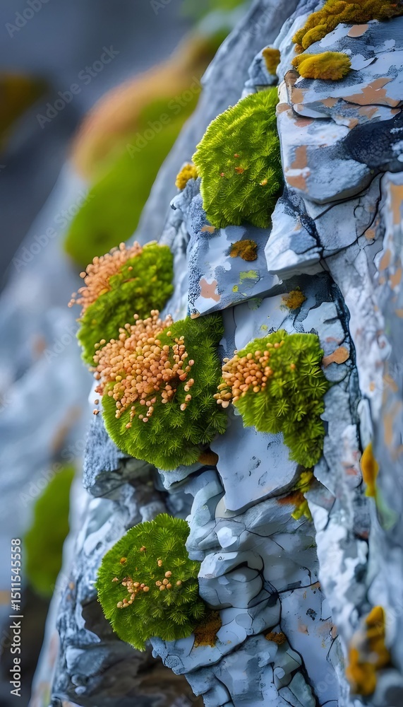 Poster 自然の岩肌に生える鮮やかな緑色の苔とオレンジ色の植物群 落クローズアップ 自然の風景 テクスチャと詳細 鮮やかな色合い