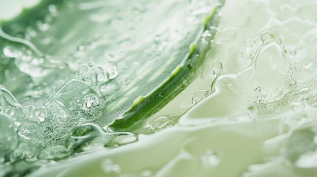 Extreme close-up of fresh aloe vera slice with clear water droplets, soft pastel green background, natural moisture and skincare concept