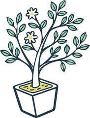 vector illustration of a tree, Cute cartoon potted plant with flowers and leaves, cartoon illustration of a potted plant with delicate leaves and white flowers.