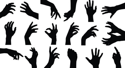 Fototapeta premium Vector hand and finger silhouettes illustrate a crowd of people with volunteer and charity symbols