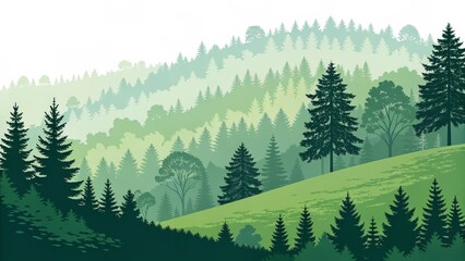 Fototapeta premium Green Hillside Forest Landscape Silhouetted Trees, Gradient Colors, Nature Scene, Illustration, Forestry, Ecology Forest, Nature